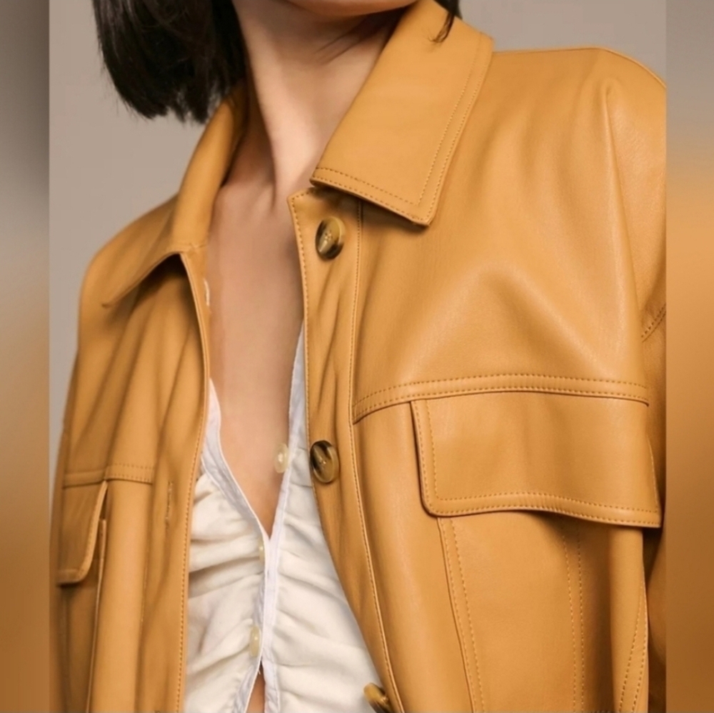 Anthropologie Maeve Faux Leather Shacket Camel Tan Button Front Jacket NWT Large - Picture 9 of 16